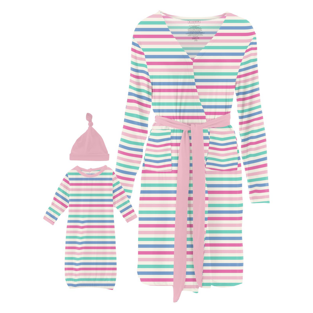 Kickee Pants Women's Mid Length Lounge Robe & Layette Gown Set in Skip to My Lou Stripe