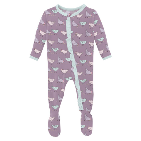 Kickee Pants 2 Way Zipper Ruffle Footie - Lavender Chickens