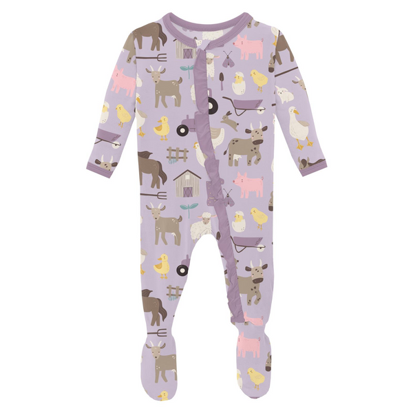 Kickee Pants Print Ruffle Footie with 2 way Zipper - Thistle Morning on the Farm