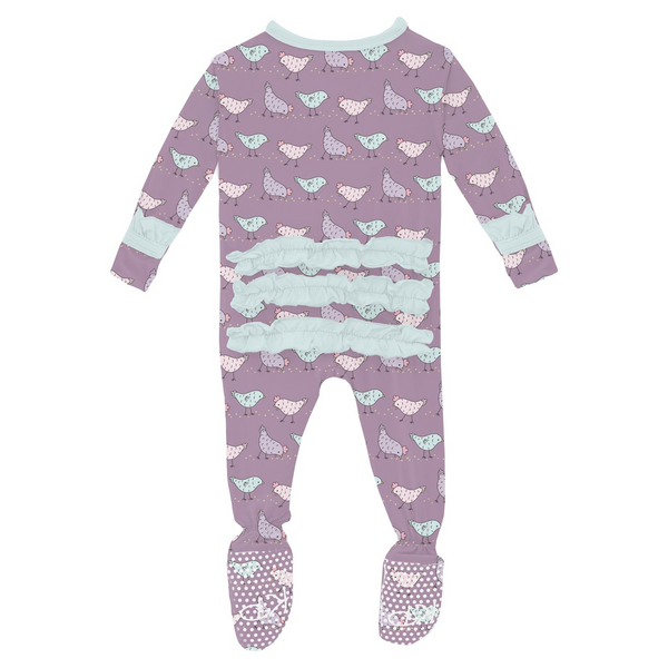 Kickee Pants 2 Way Zipper Ruffle Footie - Lavender Chickens