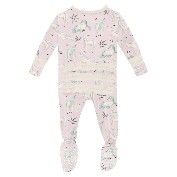 Kickee Pants Ruffle Footie with 2 Way Zipper -Shrinking Violet Sleeping Unicorns